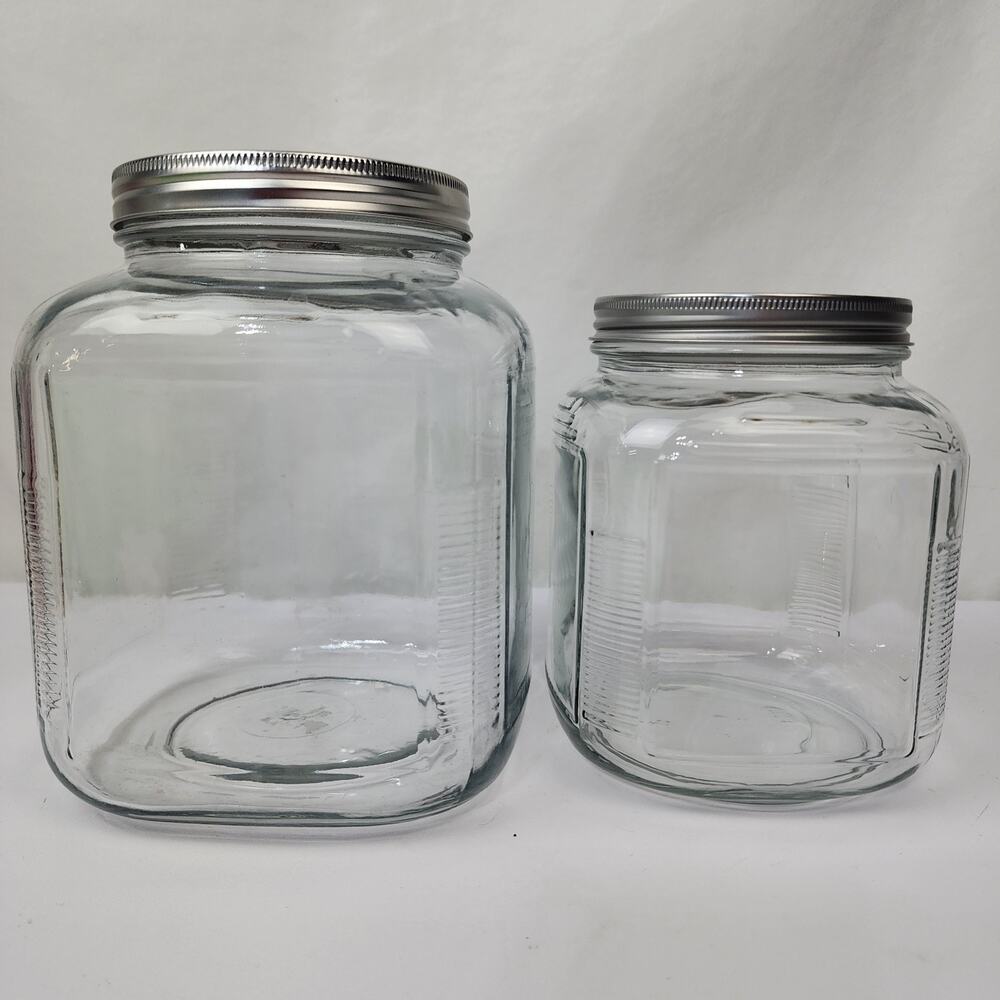 2 Anchor Hocking Hoosier Square Glass Storage Jars 1 Gal & .5 Gal Screw on Lid